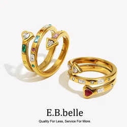 E.B.belle Three layer Heart Arrow Zircon Open Ring Silver Color 316L Stainless Steel Jewelry 18K Gold Plated Accessories