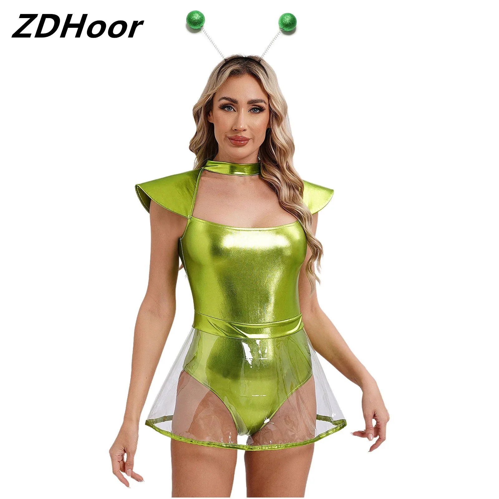 

Womens Alien Cosplay Bodysuit Sets Halloween Costume Fly Sleeve Cutout Briefs with PVC Skirt Bodysuit with Hair Hoop