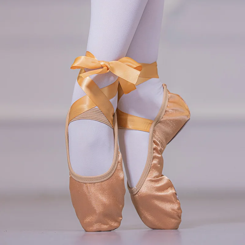 Balletto in raso con cinghie a nastro punta tonda Yoga Indoor ragazze adulte scarpe da Ballerina da ballo con suola morbida e divisa