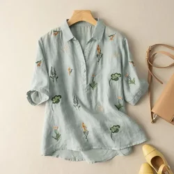 Cotton Linen Embroidered Short-sleeved Shirt 2024 Summer New Korean Version of The Women's Loose V-neck Fashion Temperament Casu