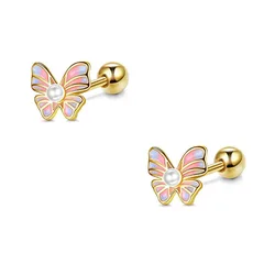 1 pair of stainless steel fashion All-match faux pearl blue-pink butterfly cartilage earrings piercing jewelry for women