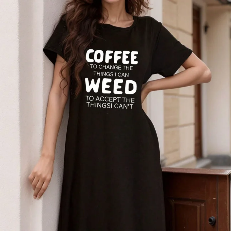 

Women Pajamas Dress Fun Coffee Slogan Print Casual Skirt Short Sleeved Crew Neck Loose T-Shirt Nightdress Dress Summer Sexy