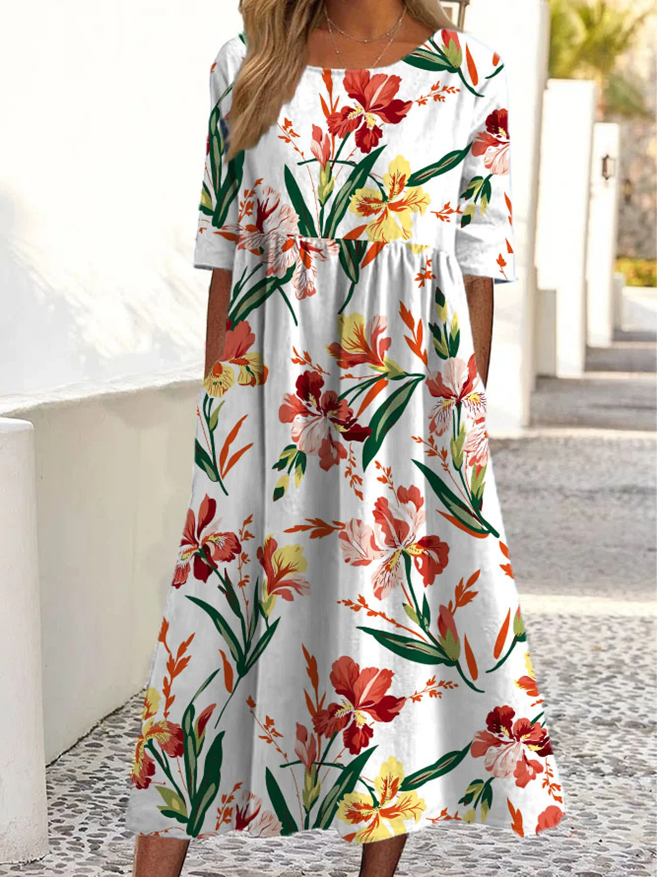 2026 Sommer Damen Freizeitkleid mit Rundhalsausschnitt, gepolstert, kurzärmelig, bedruckt – Detail 6