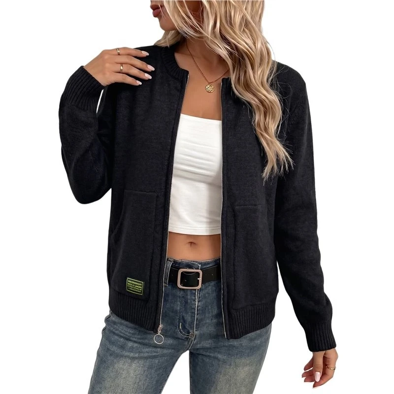Women Crew Neck Zip Up Solid Knit Cardigan With Dual Side Pockets Black L Eco-Friendly