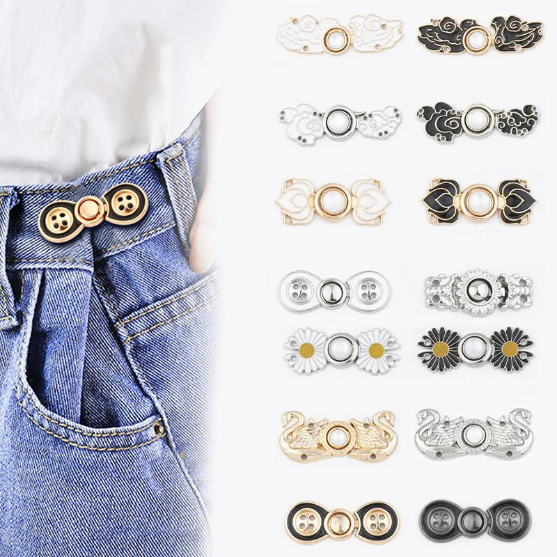 1 set Waist Button Adjustable Rhinestone Floral Disassembly Jeans Waist Button Metal Extended Buckles Pant Waistband Expander