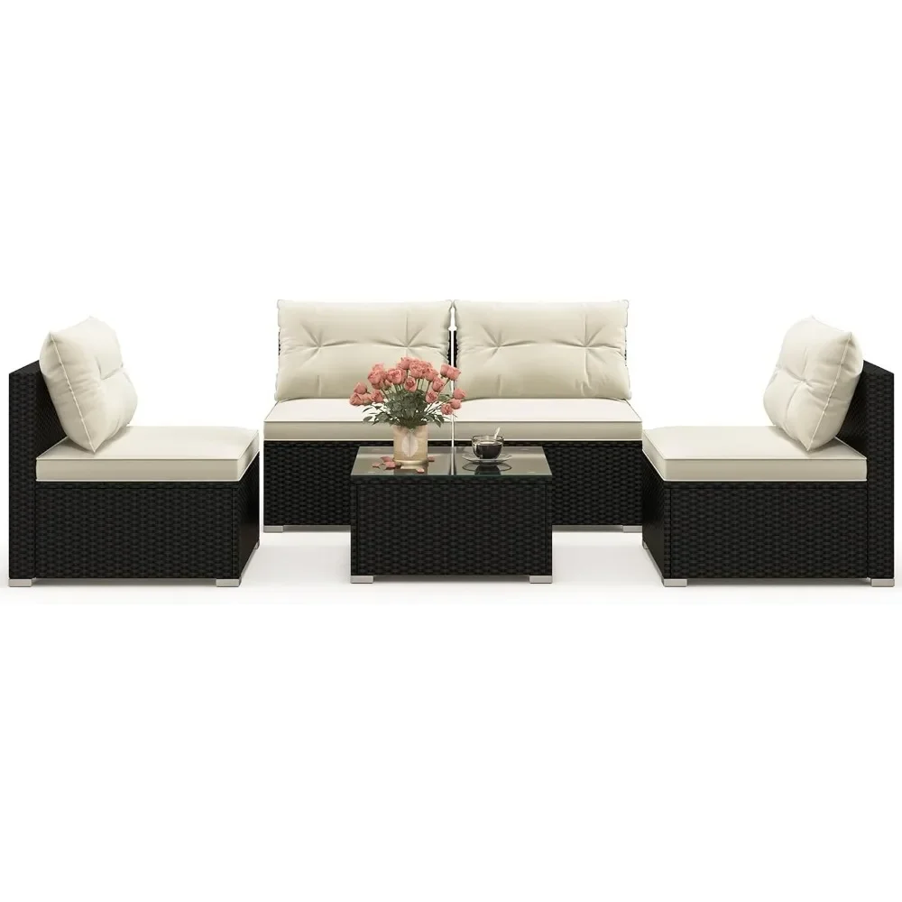

5 Piece Rattan Sofa Set, Patiojoy Outdoor Wicker Furniture Set with Seat & Back Cushions, Square Coffee Table, Patio Sectional