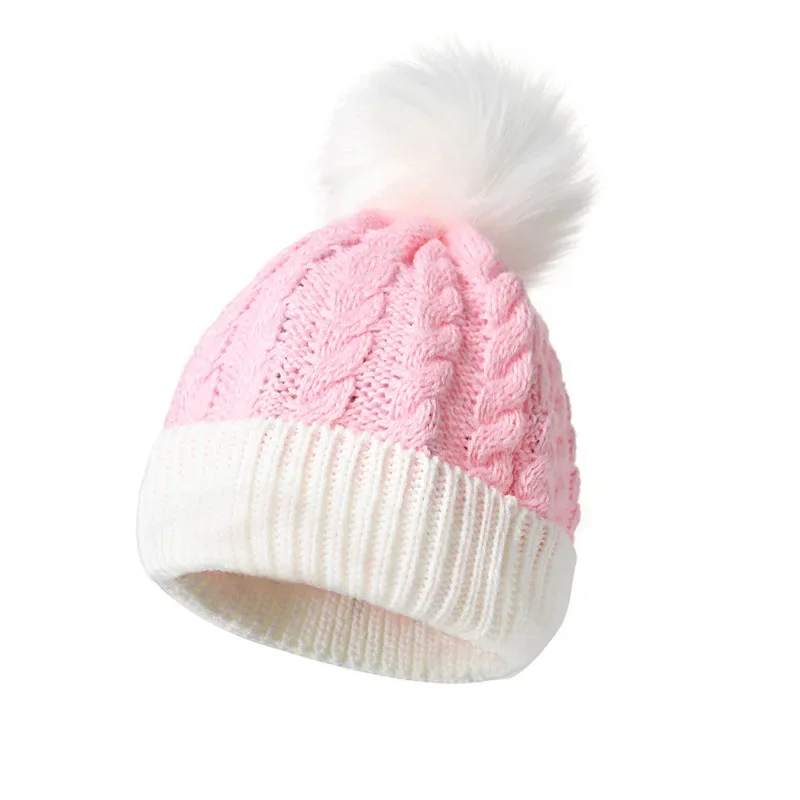 Winter Baby Beanie Hat With Earflap Fur Ball Winter Woolen Knitted Hats For Kids Outdoor Warm Girls Boys Ear Protection Cap