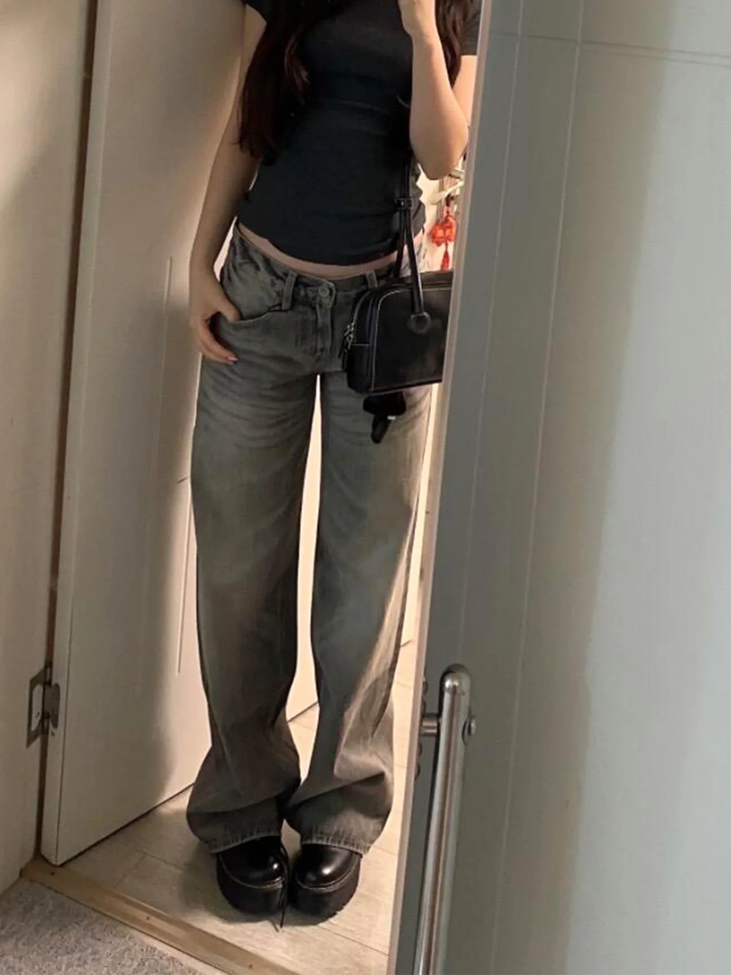 American Style Low Waist Loose Grey Jeans Women's Autumn 2026 New Wash Slim Narrow Version Wide Leg Casual Comfortable