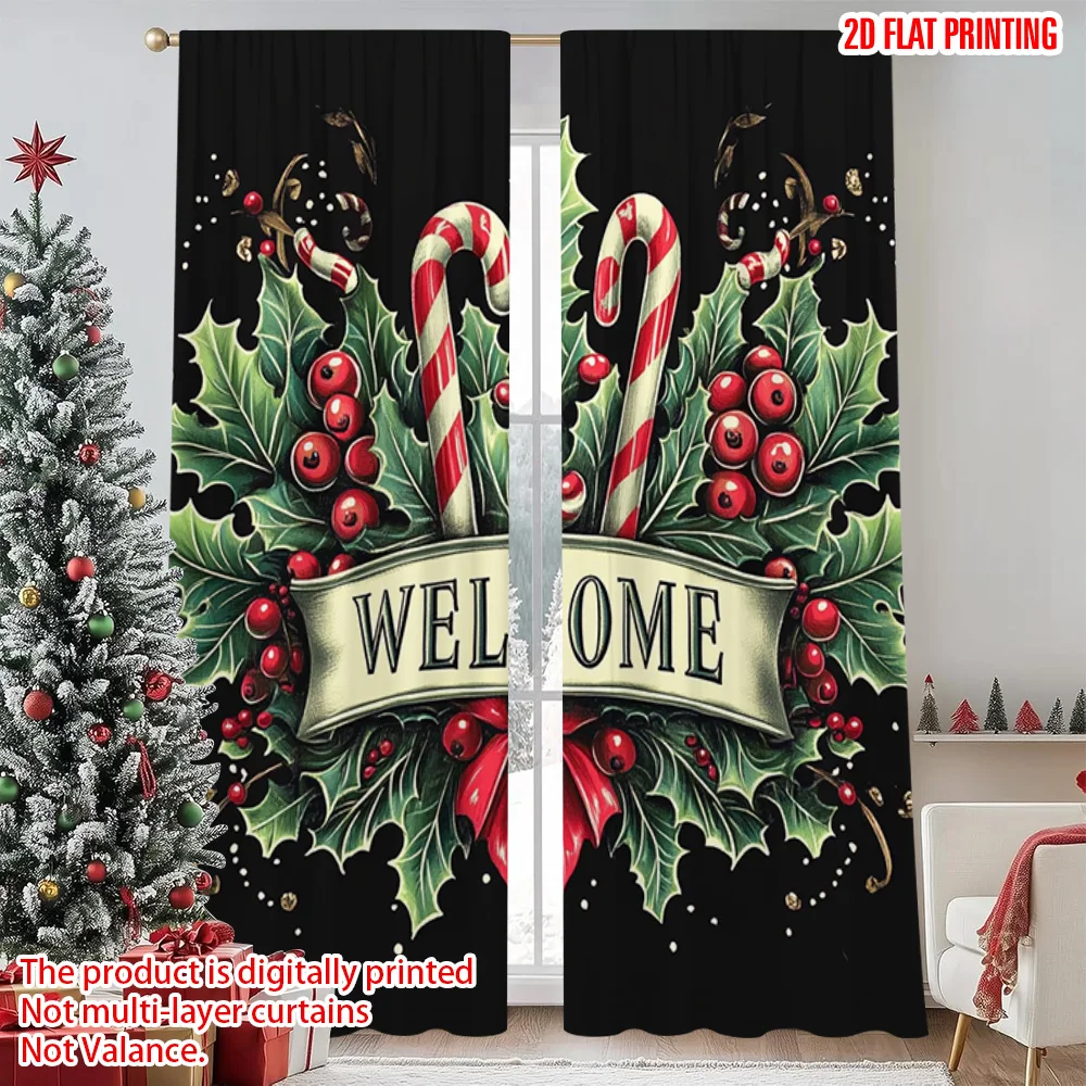 

2pcs 2D flat printing Merry Christmas Popular Party Window Curtains candy canes Versatile 100% Polyester Without Electricity