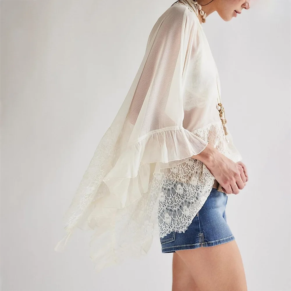 2026Women Boho Lace Chiffon Beach Cover Up Top V Neck Ruffle Flare Sleeve Sheer Blouse Beachwear for Brazilian Seaside Holiday