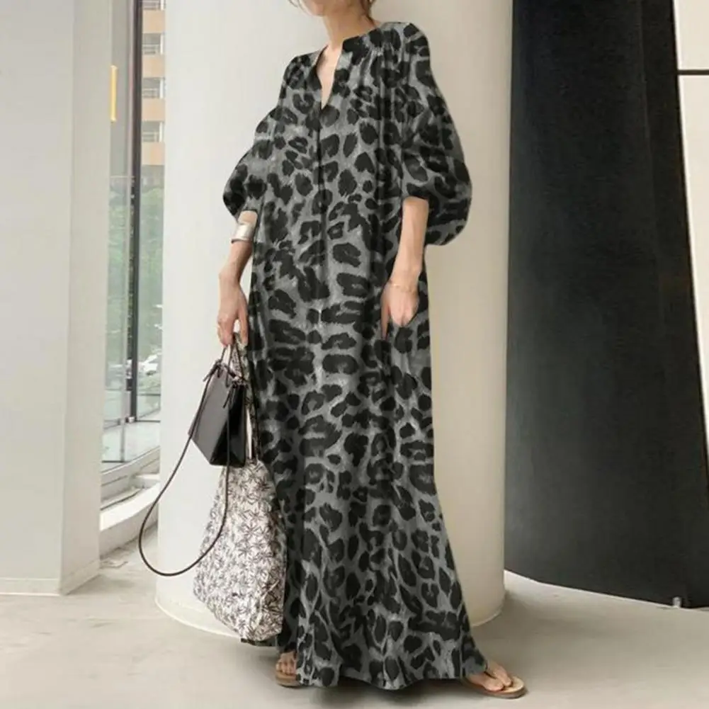 Women Maxi Dress Leopard Print Stand Collar V Neck Oversized Bohemian Style Casual Shirt Dress Full Length Baggy Beach Dress