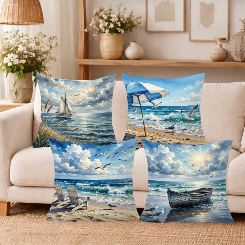 1PC 2D Flat Coastal Beach Scene Throw Pillow Covers Sailboat Seagull Beach Umbrella Boat Home Decor Cushion Cases No Pillow Core