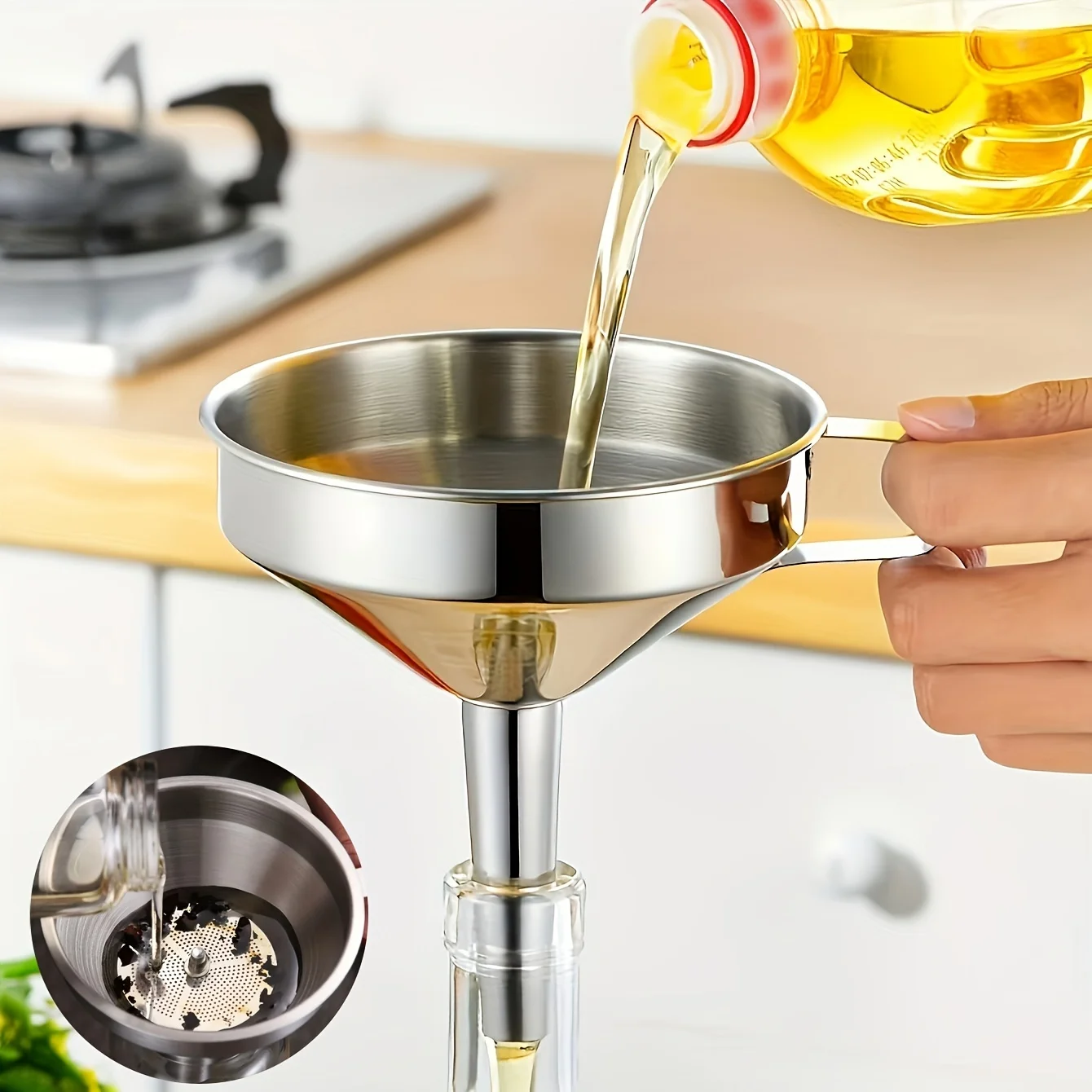 Embudo de acero inoxidable, con filtro desmontable, utilizado para cocinar aceite y transportar líquidos y polvos, embudo de cocina de metal
