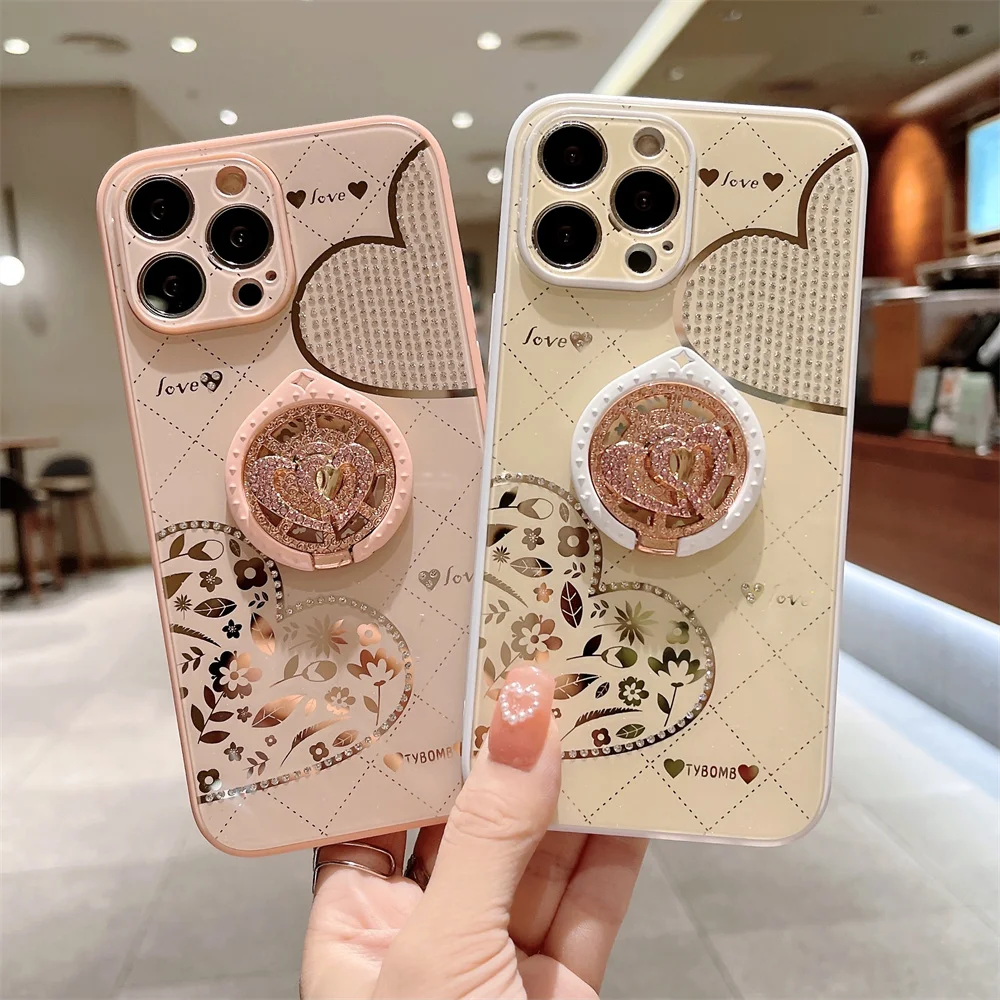 TYBOMB Design Young Girl Fancy Metal Ring Case per iPhone 11/12/13/14 Pro Max/14 Plus custodia lucida con anello antiurto