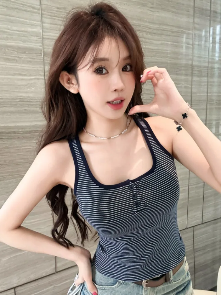 

Slim Fit Stripe Backless Crop Top Women's Fashion Spring New Style Square Collar Base Layer Short Shirt Casual Cotton Material