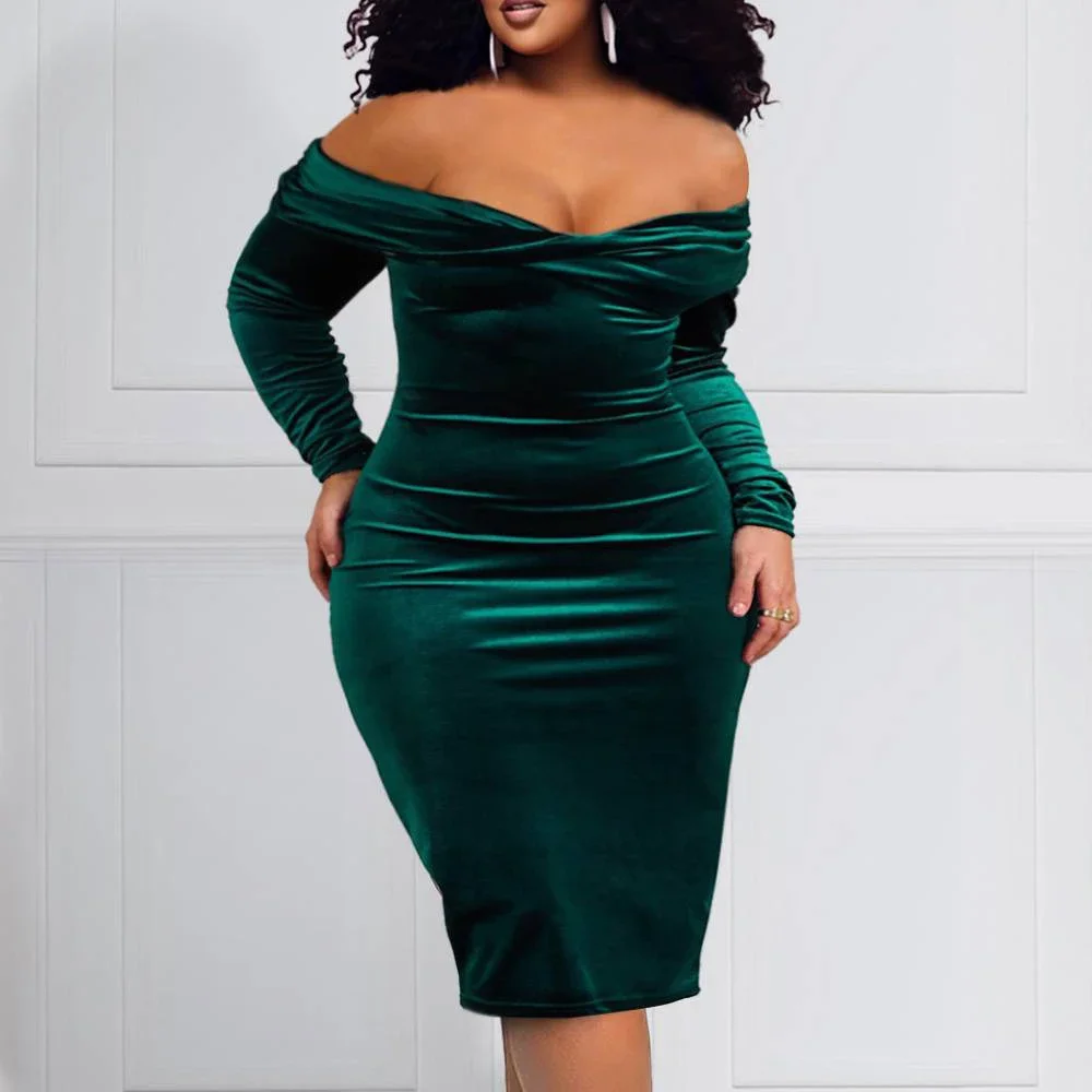 Plus Size Semi Formal Midi Dresses Elegant Emerald Green Fall Winter Off The Shoulder 3/4 Sleeve Velvet Midi Dresses