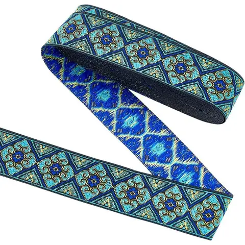 7.7 Yard Blue Ethnic Style Jacquard Ribbon 1.3 inch Wide Rhombus Floral Pattern Woven Trim Vintage Embroidery Making Kit