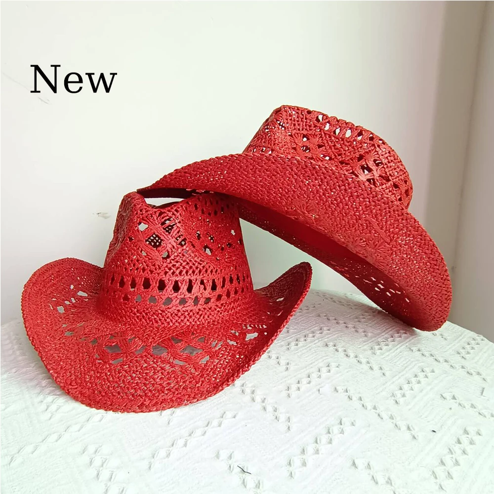 

Melesh Western Women's Red Cowboy Hat Straw Cowboy Hat Plasticity Strong Wide Brim Sunshine Beach Western Cowboy Hat