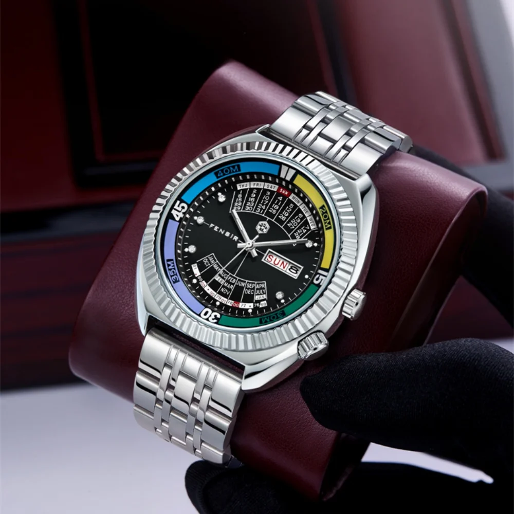 Men's Quartz Watch - Stainless Steel Case, Rainbow Color Case, Date and Day Display, Butterfly Clasp Strap, Luminous Watch, Waterproof Sports Watch, Street Fashion Hip-Hop Style Men's Watch, Ideal Gift for Boyfriend, Husband, Young Men