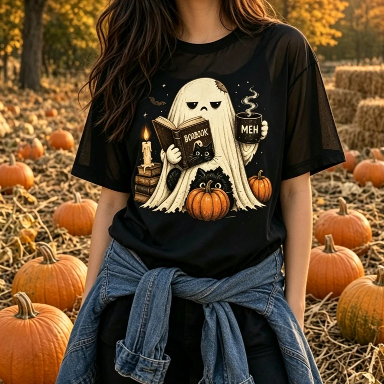 Women Halloween Spooky Ghost Reading Book Graphic T Shirt Black Cat Coffee Pumpkin Fall Casual Short Tee Sleeve Harajuku Y2k Top
