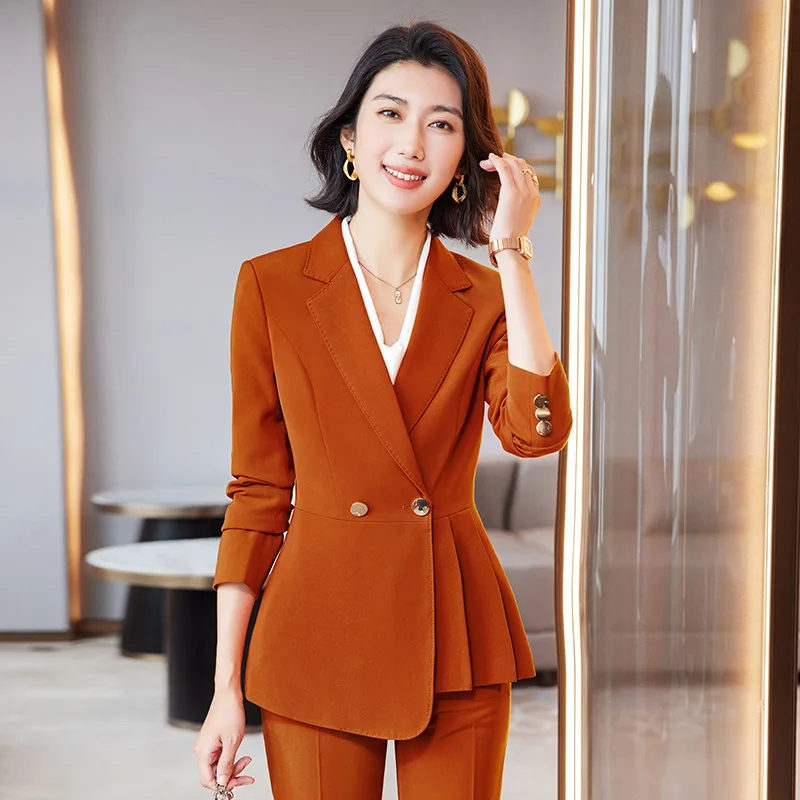 Ladies Blazer And Pant Suit Women Coffee Orange Blue Black Solid Formal Jacket Trouser Female Business Work Wear 2 Piece Set