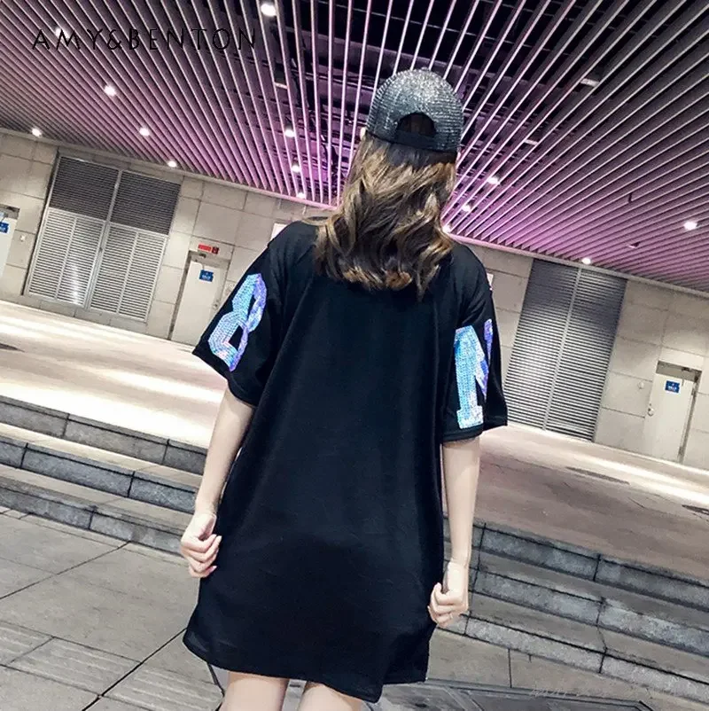 Summer New Fashion Cartoon Sequins Short Sleeve T-shirt Dress Ladies Loose Casual Mid-Length T-shirt Dress For Women