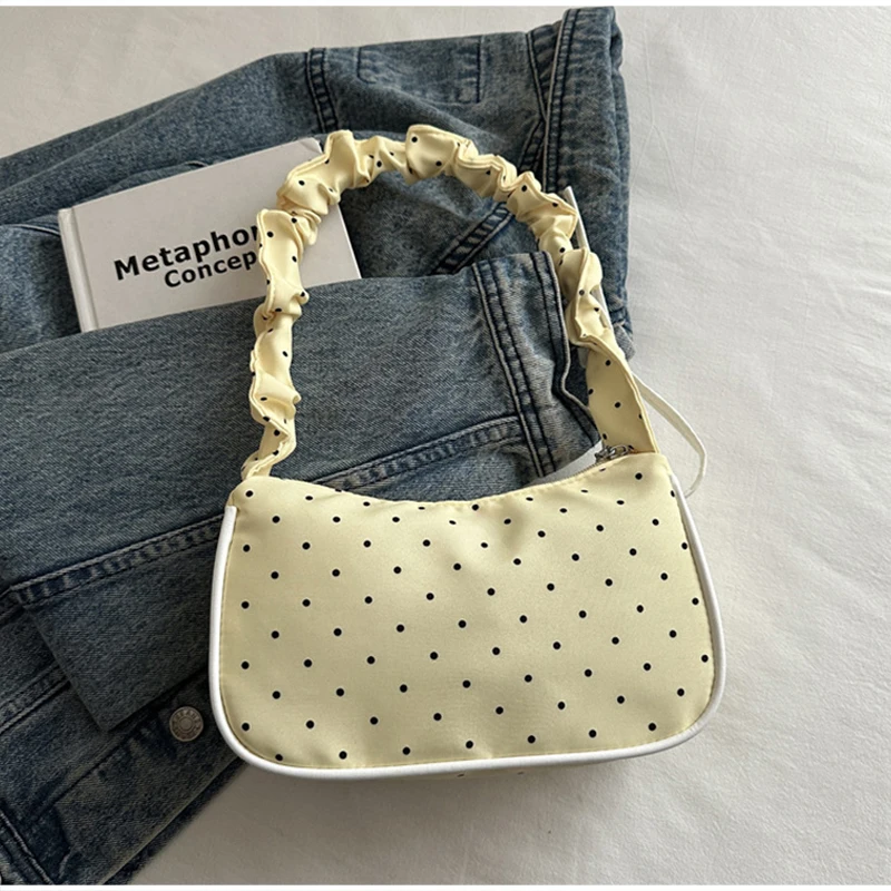Gepunktete Spitzen-Rüschen-Unterarmtasche Süße Kleine Schultertasche mit Gerafftem Griff Hobo-Handtasche Damen Y2k Mini Quadratische Reißverschluss-Handtasche mit Schleife – Detail 3