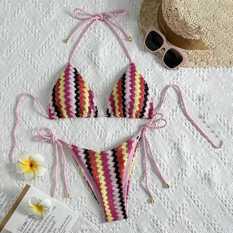 

Para Praia вязаное крючком бикини с лямкой на шее 2025 вязаное бикини женские купальники сексуальный женский купальник бразильский бикини бандажный купальный костюм