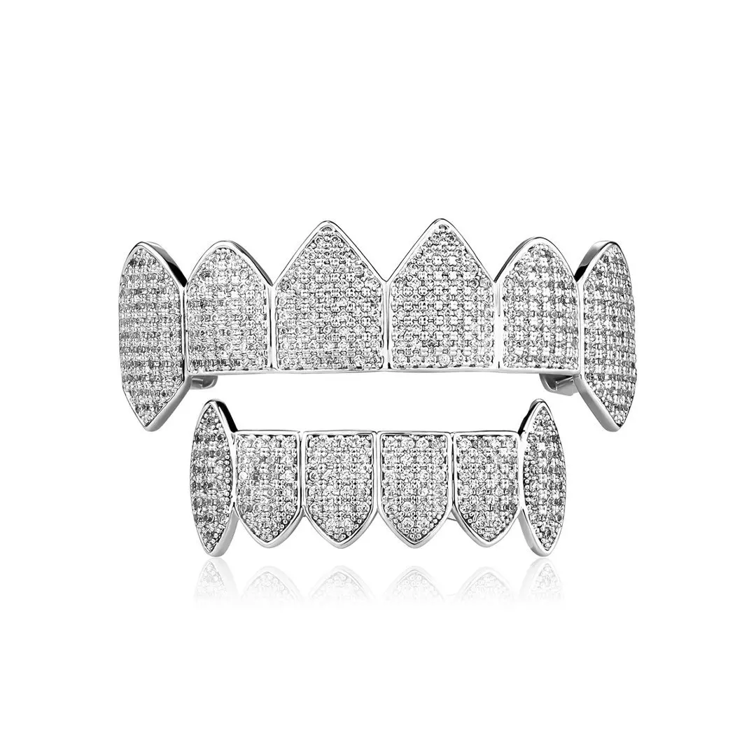 Full Iced CZ Grillz Tooth Jewelry 18K Gold Plated Fang Teeth Cover Hip Hop Street Style Mouth Accessories Gift
