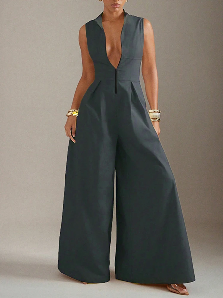 

Женские комбинезоны Gymystars, широкие брюки, комбинезоны, повседневные свободные комбинезоны без рукавов с карманами, однотонные женские комбинезоны на молнии с v-образным вырезом