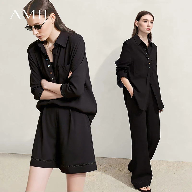 AMII Woman Trousers 2026 Autumn New Hollow Lace Loose Shirt Separate Casual Shorts Versatile Wide-leg Women's Pants 12641014