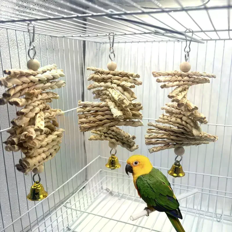 Parrot Teething Chew Toys Corn Husk Braided Bell String Wear Resistant for Pet Parrot Home Cage Play Training Use view 4