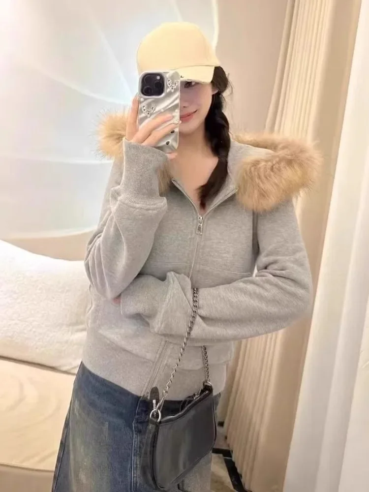 Vintage Fur Patchwork Hooded Grunge Zip Up Hoodies Women Casual All Match Korean Pocket Coats Y2k Aesthetic Gray Sweatshirts