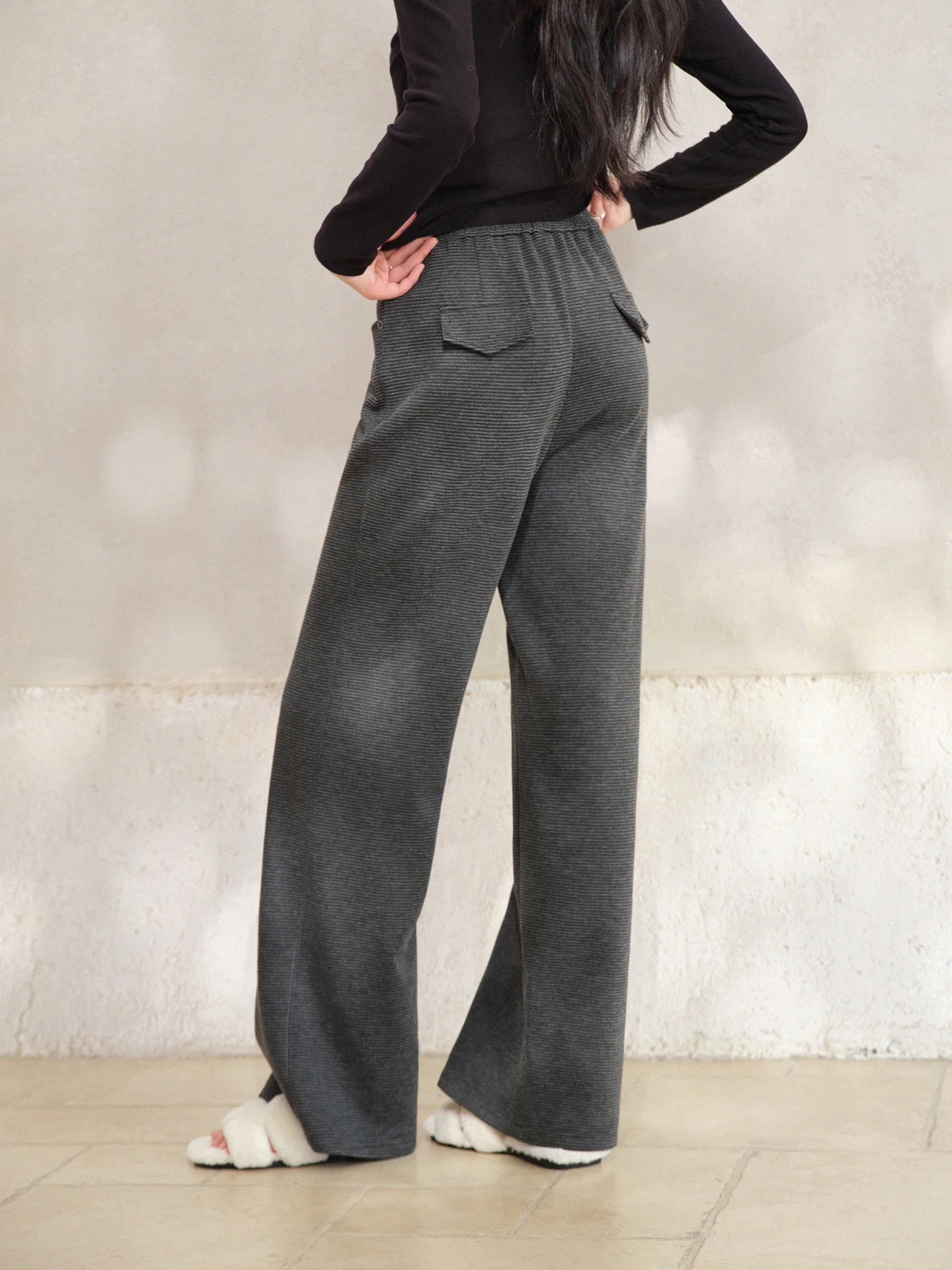 Gray Knit Pants Women Soft Loose Straight-Leg Trousers Lady Trendy Striped Casual Lounge Bottoms Comfy Draping Daily Outfits