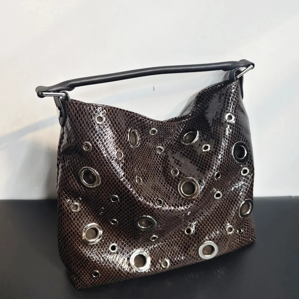 

Luxury Designer Handbags Purses Leather Small Bags For Women 2026 New In Cowhide Python Pattern Rivet Hollow Top Handle Shoulder