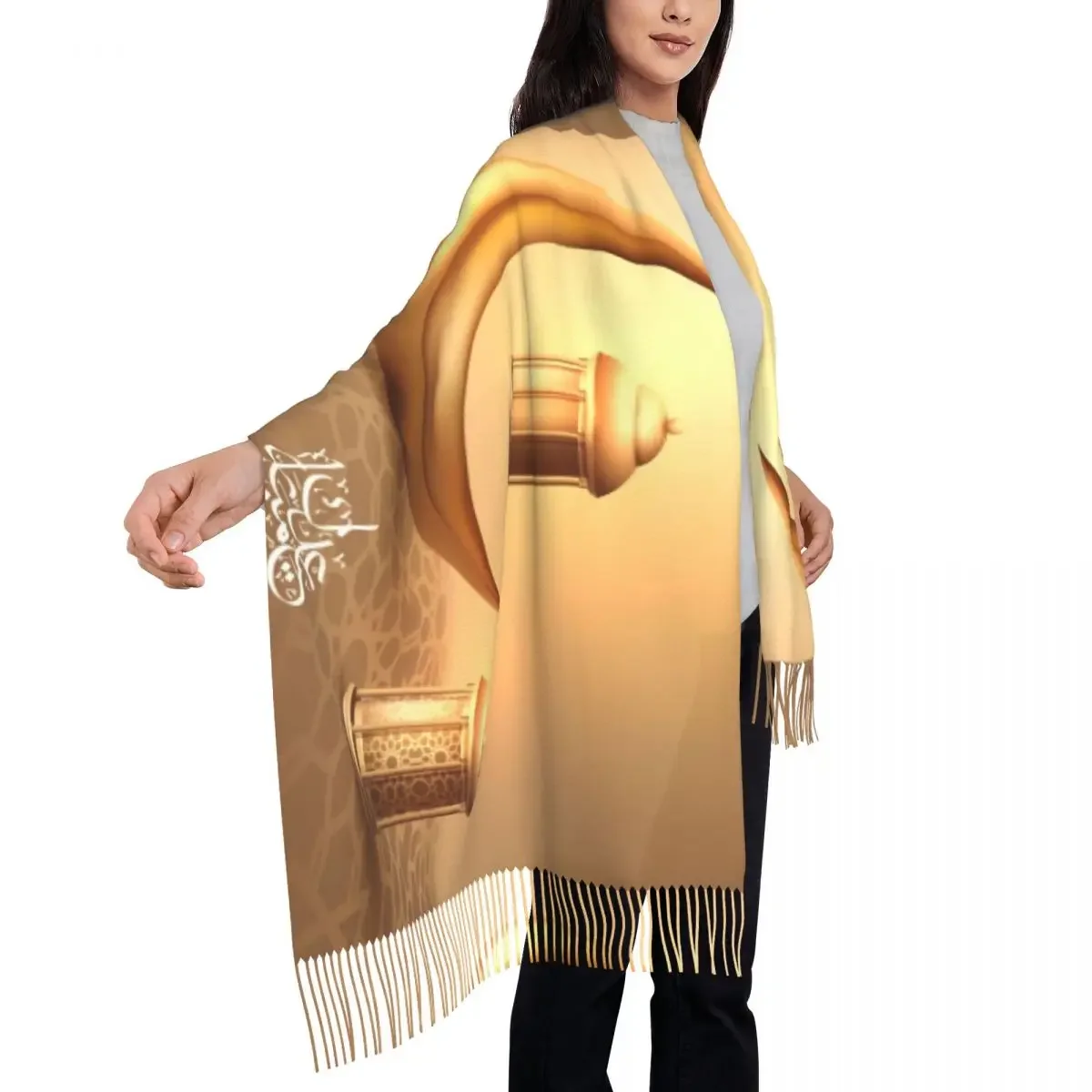 Ramadan Kareem Scarf Wrap for Women Long Winter Fall Warm Tassel Shawl Unisex Eid Mubarak Islamic Scarves