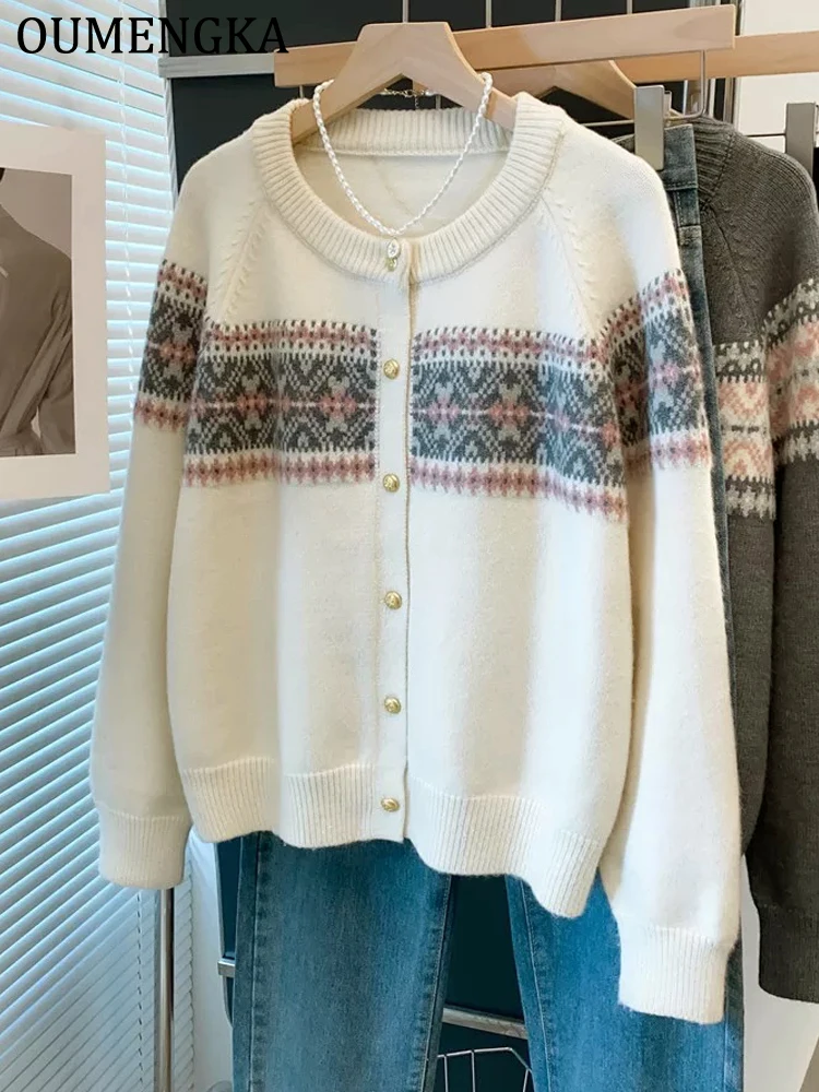 

Осень-зима вязаный жаккардовый женский кардиган корейский однобортный джемпер с длинными рукавами с круглым вырезом универсальные кардиганы верхняя одежда