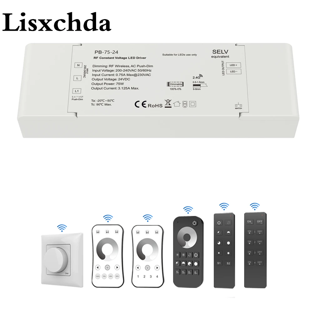 조광 가능한 LED 드라이버, 무선 2.4G RF 리모컨 푸시 조광기, 정전압 조명, 12 볼트 LED 조광 드라이버, DC 12 V, 24V, 75W