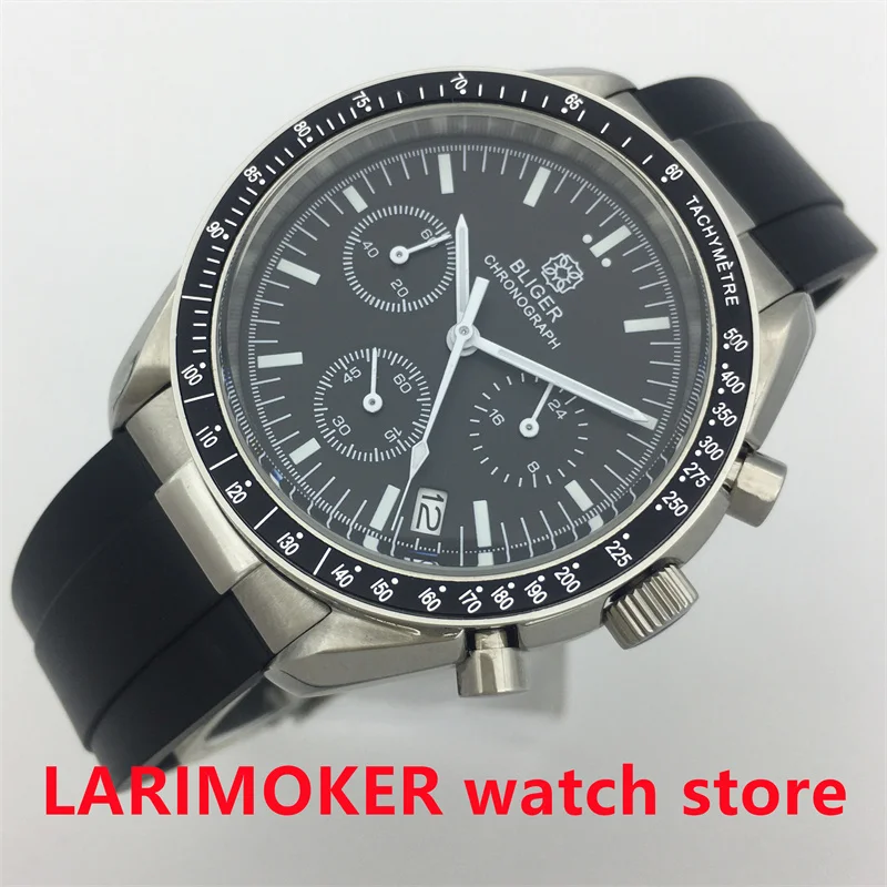 

BLIGER 40mm men's chronograph stopwatch Quartz watch VK63 movement steel case sapphire glass black dial luminous rubber strap