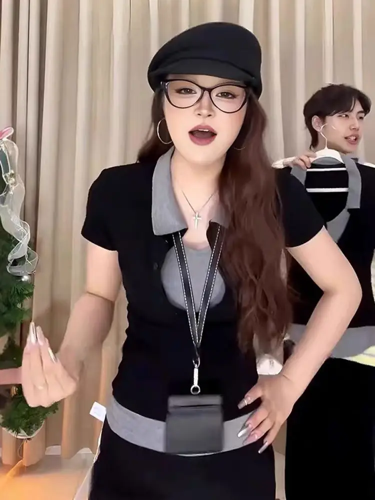 

plus Size Women's ort Sve T-irt Korean Sle Slim Fit Collar Pasted Two-Piece Effect Summer New Faion Top