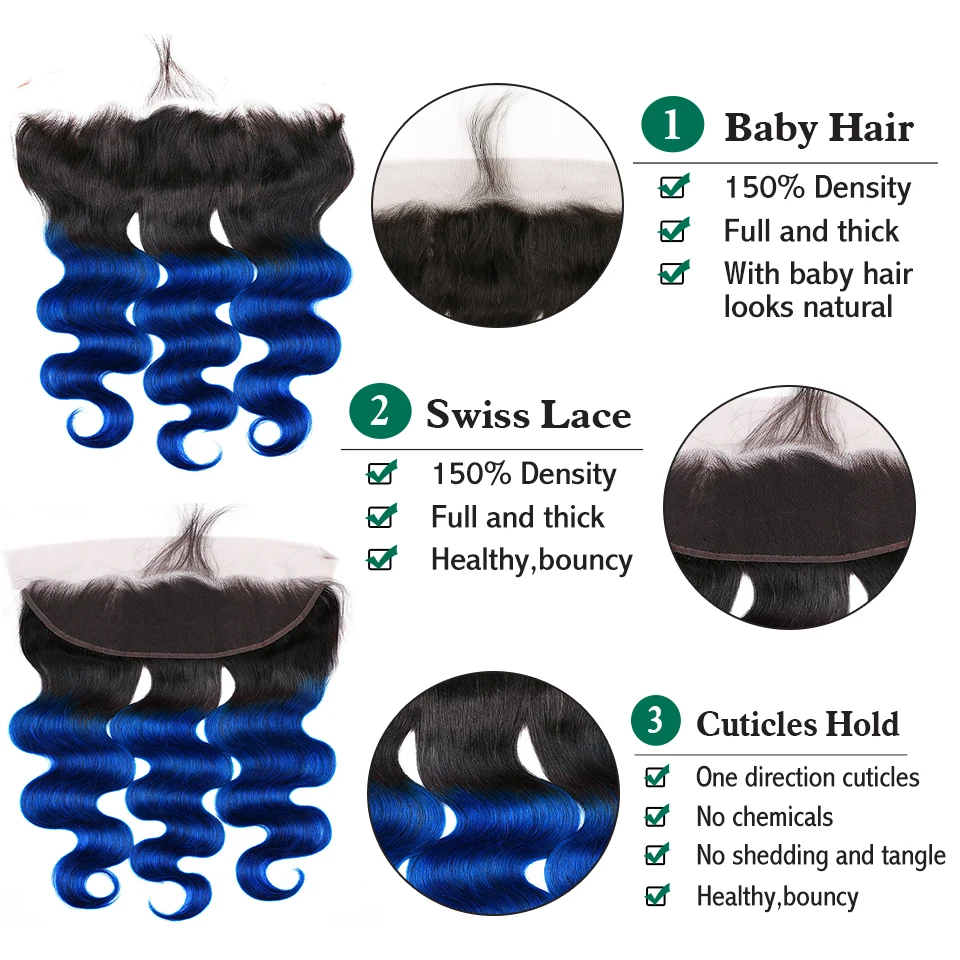 Ombre Blue Bundles With Frontal Pre Plucked Brazilian Body Wave 1B Blue Color Human Hair Weave 3 Bundles With 13x4 Lace Frontal
