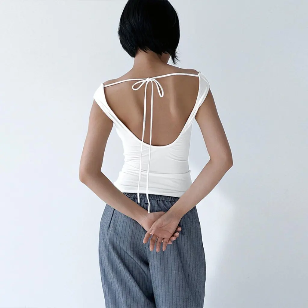 

European And American Women's Summer Solid Color Swing Collar Sleeveless Backless Lace Sexy Vest Top T-Shirt