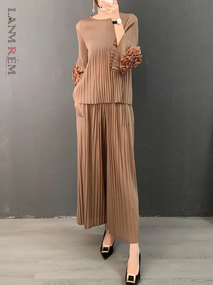 

LANMREM Pleated Flower Beading Flare Sleeves Shirts Loose Wide Leg Pants Two Pieces Sets Women 2023 Autumn Fashion 2M296