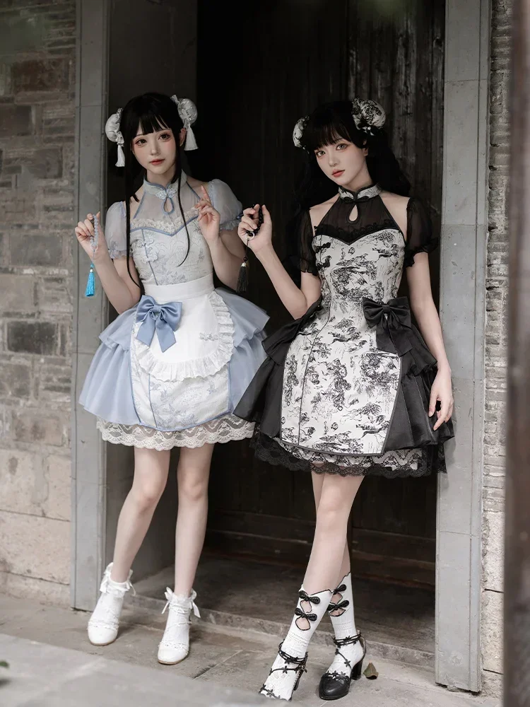 Nuovo abito corto op originale in stile cinese con grembiule Abito lungo cheongsam retrò Abiti stampati estivi con fiocco Lolita da donna