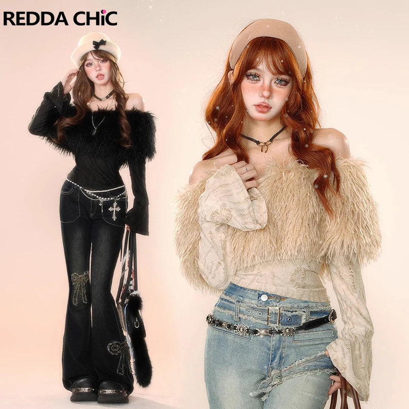 REDDACHiC Women Stitch Faux Fur One-shoulder Top Fuzzy Sherpa Fleece Stitch Ripped Flare Sleeves T-shirt Fall Winter Y2k Clothes