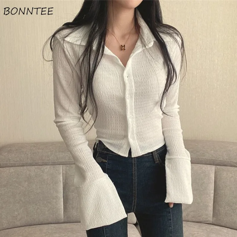 Flare Long-sleeved T-shirts Women Slim Solid Hotsweet Korean Style Cropped Tops Sexy Females Spring Leisure Stylish All-match