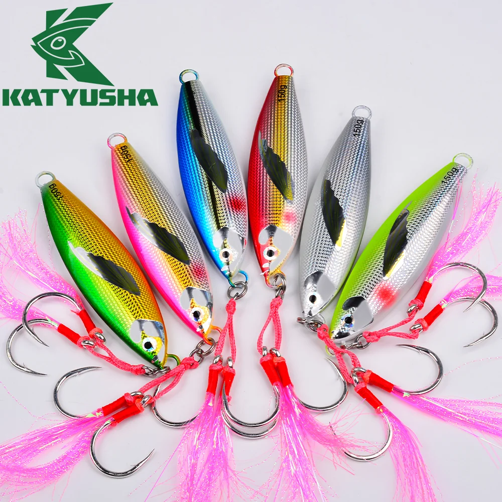 

Katyusha 1PC Fast Sinking Metal Spoon Shaped Lures Realistic Feather Decorated Hook Swimming Bait For Bass Sturgeon Fishing Bait
