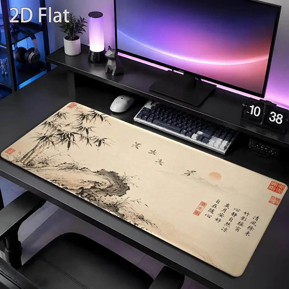 Large Chinese ink painting of bamboo scene mouse pad, with Zen garden artistic design, simple traditional styl