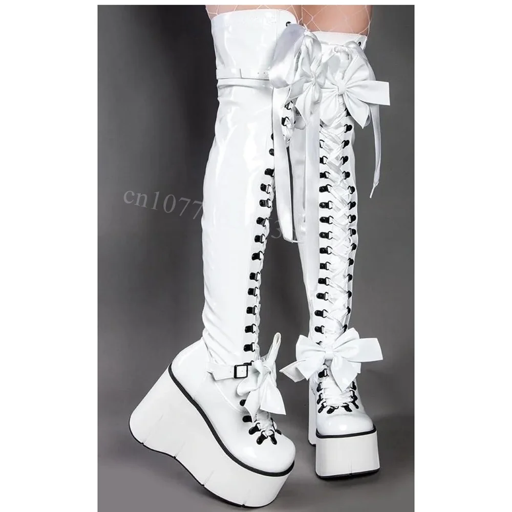 

White Bow Knot Decor Boots Crossed Tied over the Knee Shoes for Women Platform Patent Leather Shoes 2025 Zapatos Para Mujere