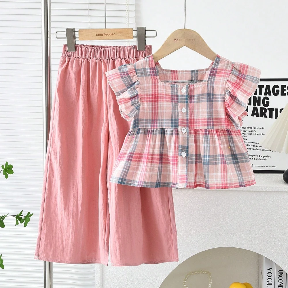 Summer Sweet and Casual 3-10-year-old Girls and Teenagers Pink Suit Square Collar Checkered Top+Wide Leg Pants Two Piece Set